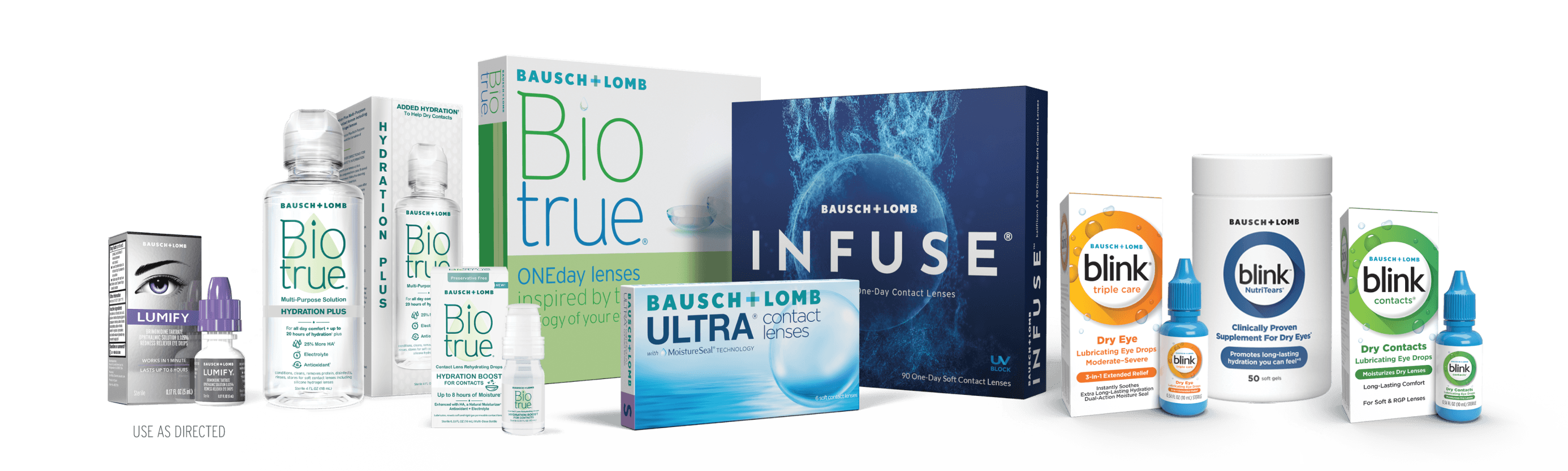 A lineup of Bausch + Lomb products on a floor