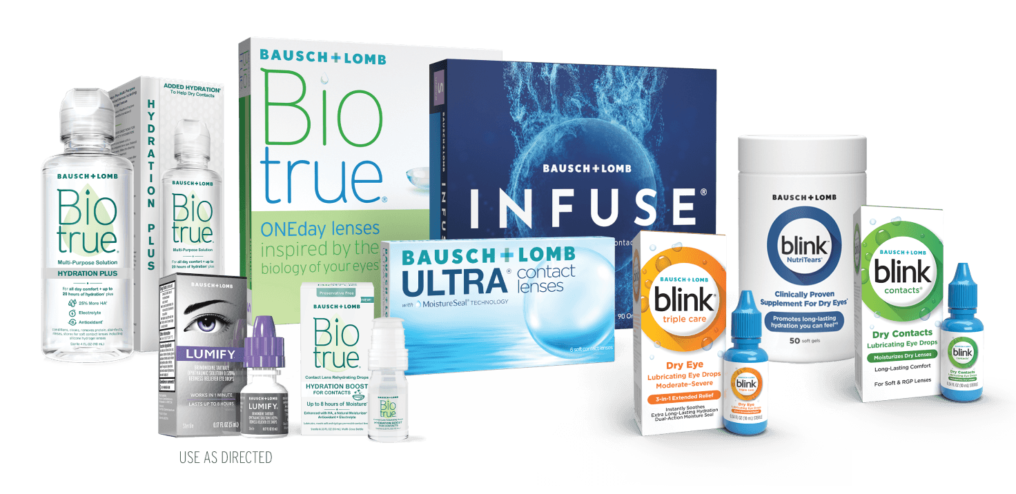 A lineup of Bausch + Lomb products on a floor