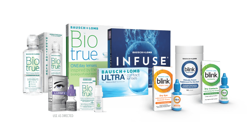A lineup of Bausch + Lomb products on a floor